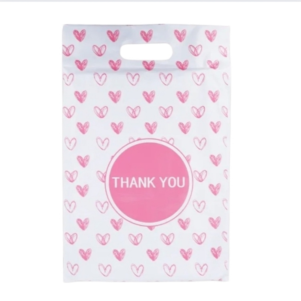 Poly mailers with handle pink hearts on white background 10 x 13 valentine